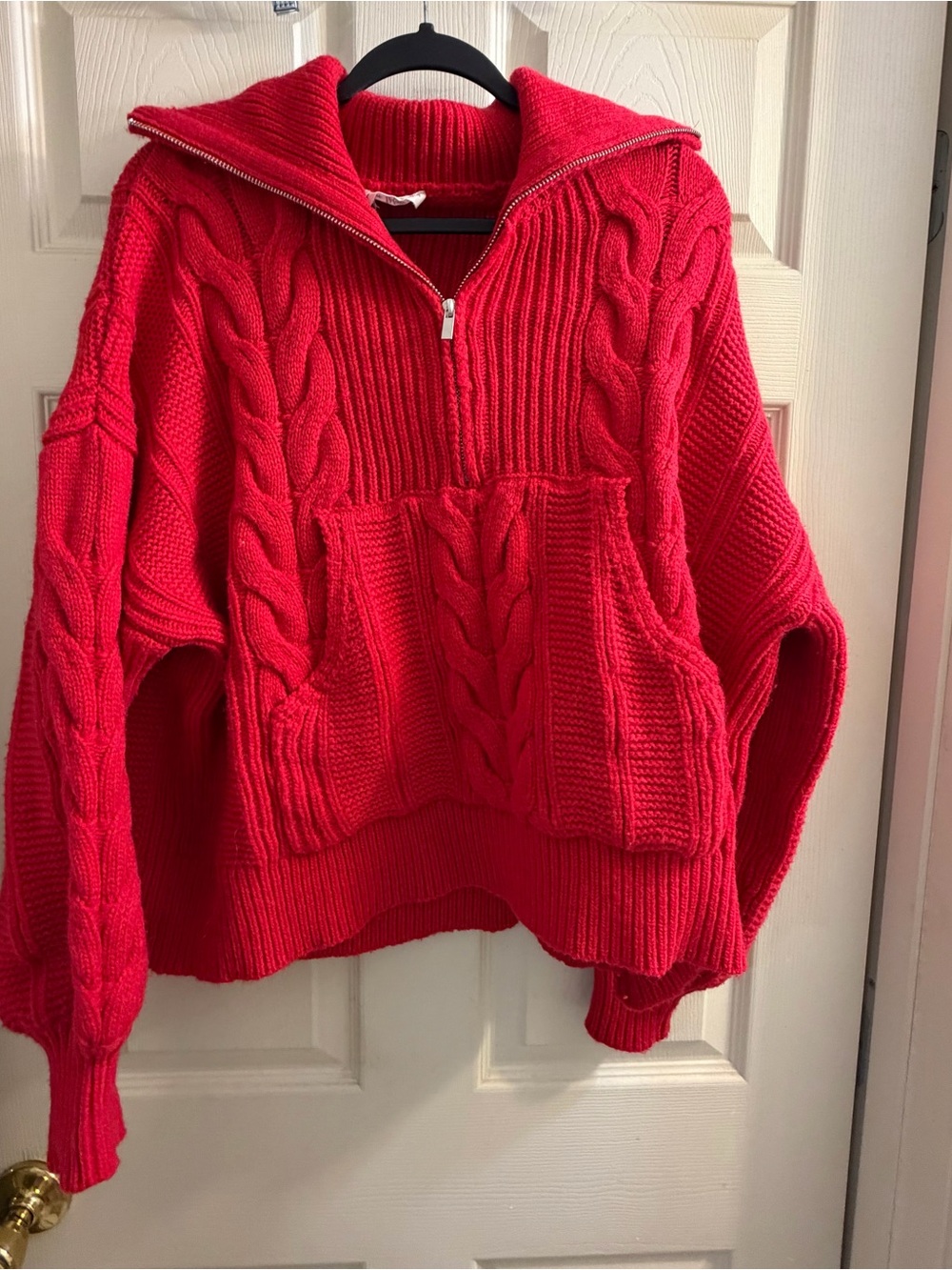 Women's Red Cable-Knit Half-Zip Turtleneck Sweater